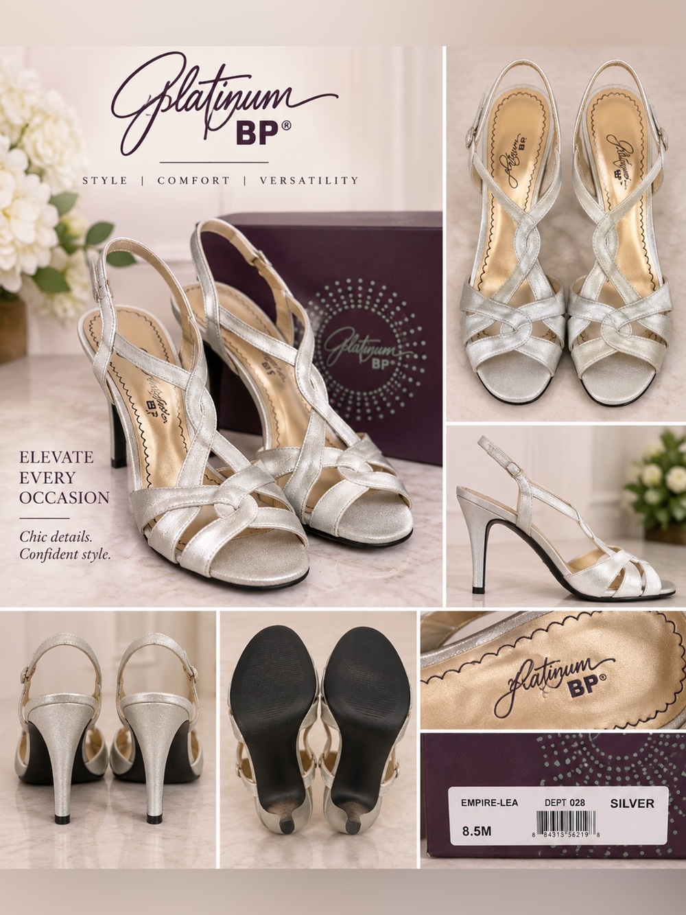 BP Platinum Empire-Lea Silver Metallic Strappy Slingback Heels Size 8.5